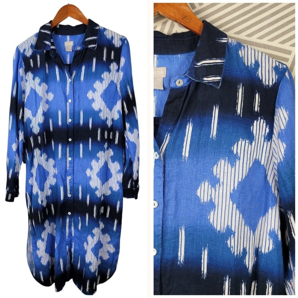Chico's Linen Ikat Blue Long Tunic 2 12/14 Large Boho Button-Front Top Southwest